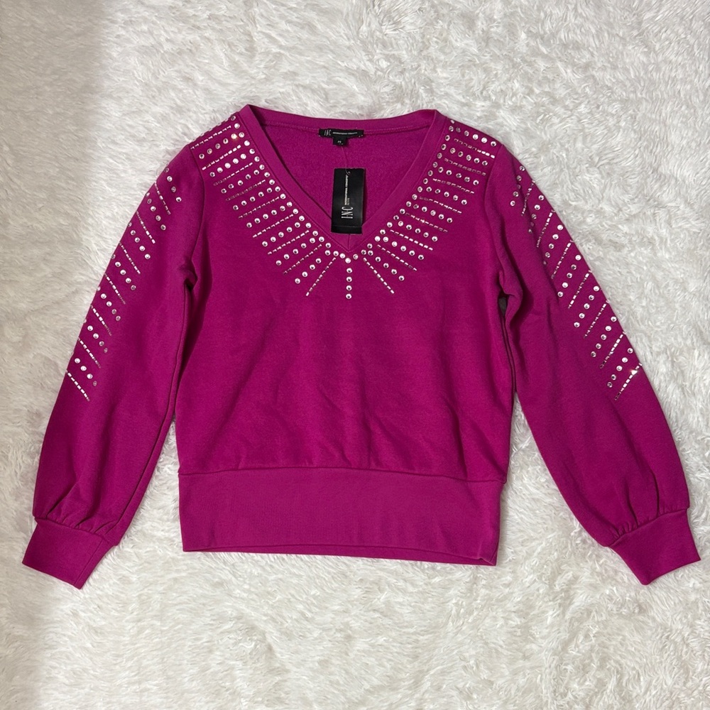 NWT I.N.C. International Concepts Fuchsia Pop Embellished V-Neck Size PS